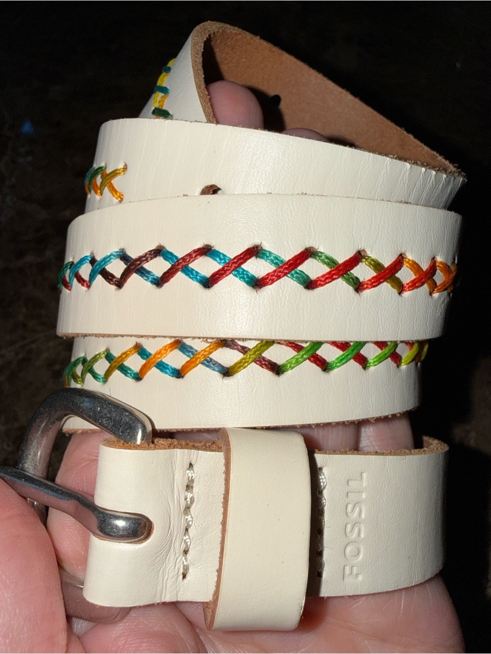 Fossil Off White Leather Belt with Multicolor Cross-Stitch Detailing,Size Medium